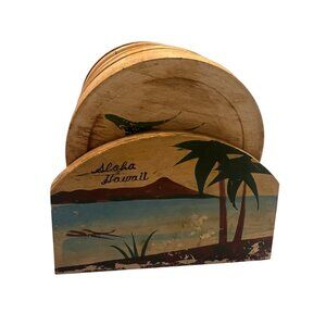 Vintage Hawaiian Wooden Coasters Aloha Hawaii Hand Painted Set Of 10 Floral 3.5"